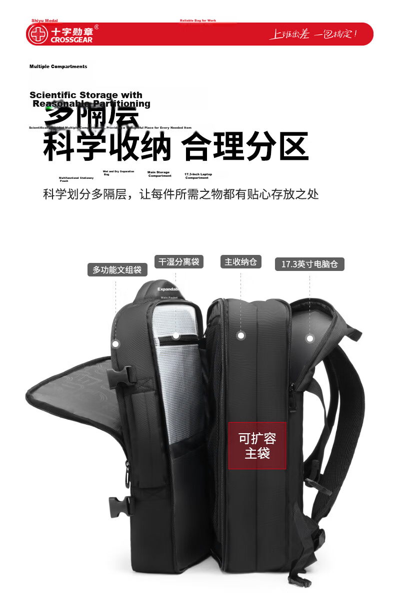 CROSSGEAR Cross Medal Swiss Army Knife Backpack Business Travel Bag for Men 17.3-inch Laptop Expandable Backpack 9