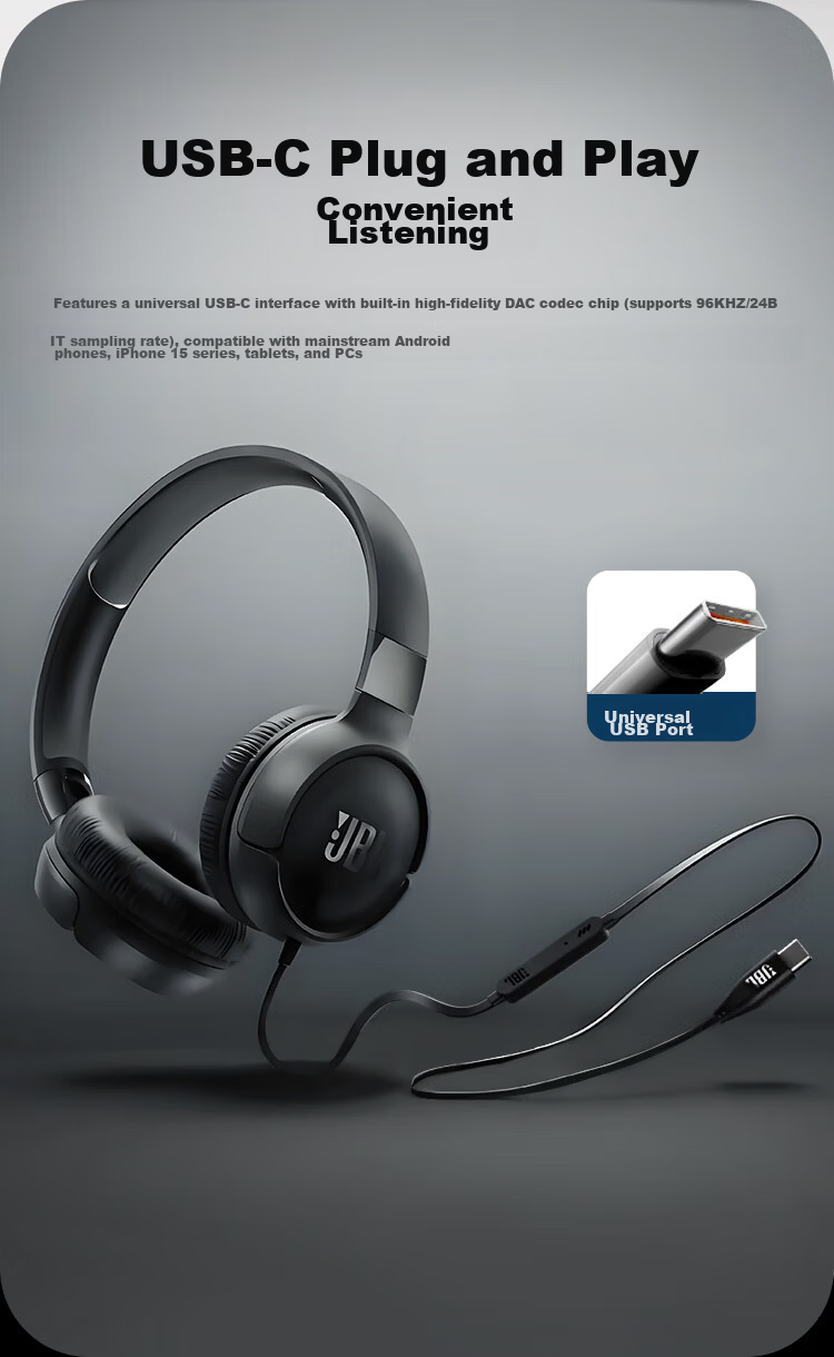 JBL TUNE520C Upgraded Wired Over-Ear Headphones with Type-C, Hi-Res Certified, In-Line Mic and Remote, Black 6
