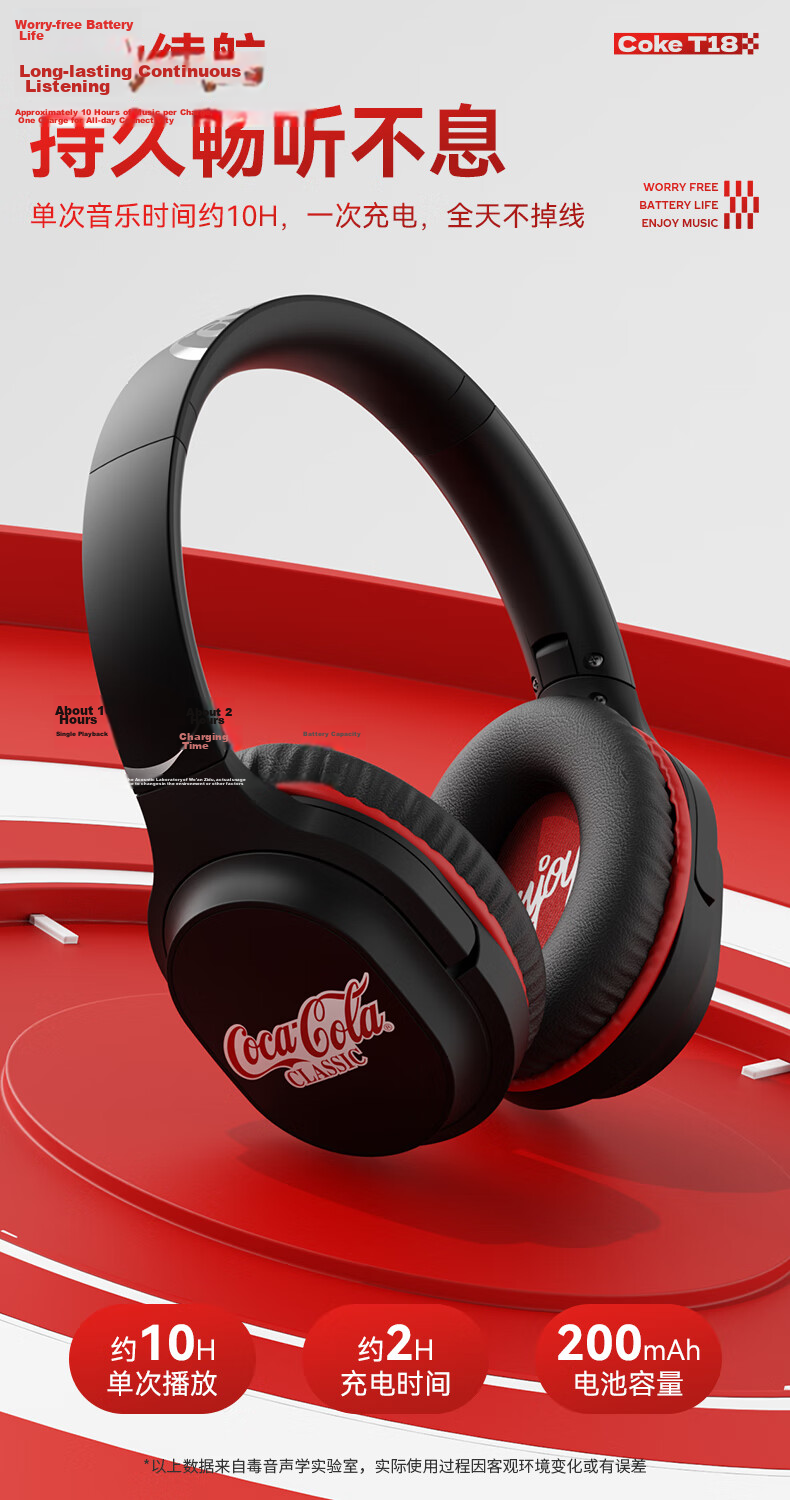 Coca-Cola T18 Bluetooth Headphones Over-Ear Gaming Sports Running Wireless Earbuds Long Battery Life 2026 Latest Model Unisex Student Gift Compatible with Apple Huawei Xiaomi 7