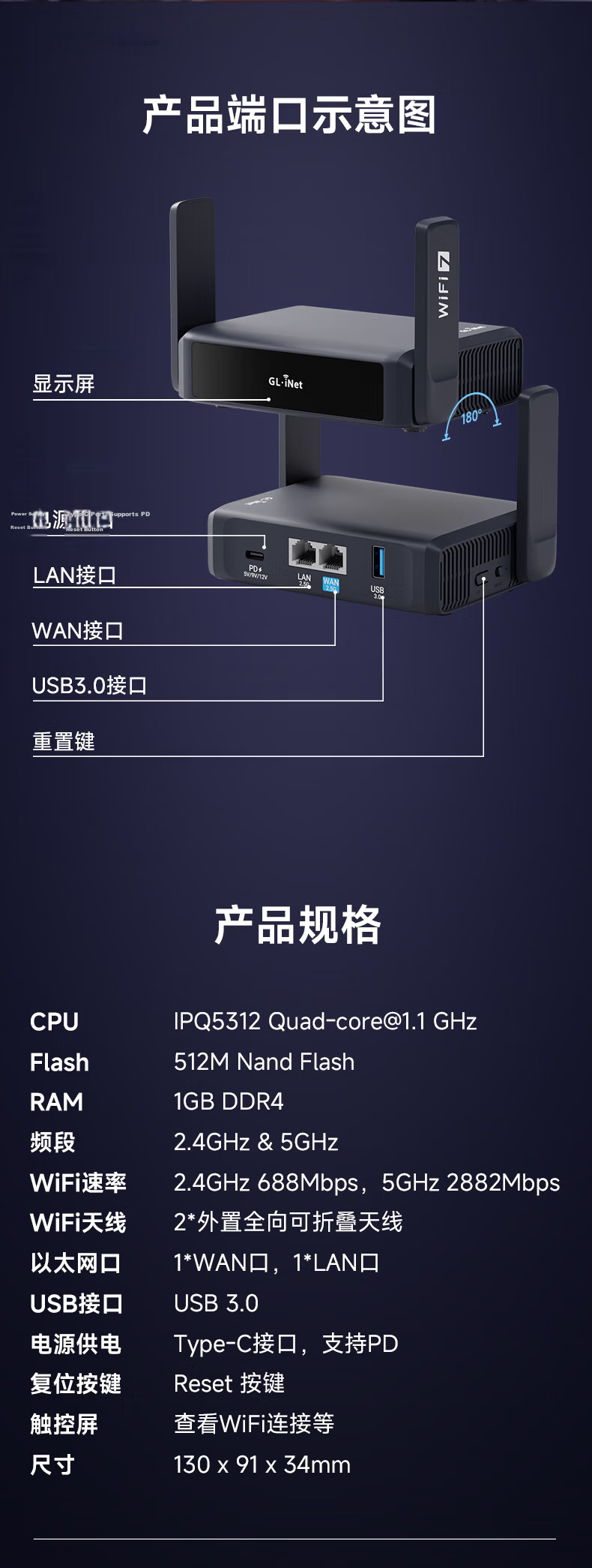 GL·INET Router BE3600 WiFi7 Home Wireless Gigabit Soft Router Qualcomm Quad-Core Processor Dual 2.5G Ports PD Power Supply Network NAS with USB 3.0 9