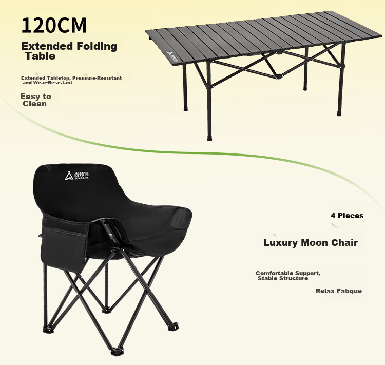 Suncojia Outdoor Folding Table and Chair Set, Egg Roll Table and Moon Chair Combo, Camping Gear Picnic 5-Piece Set 3
