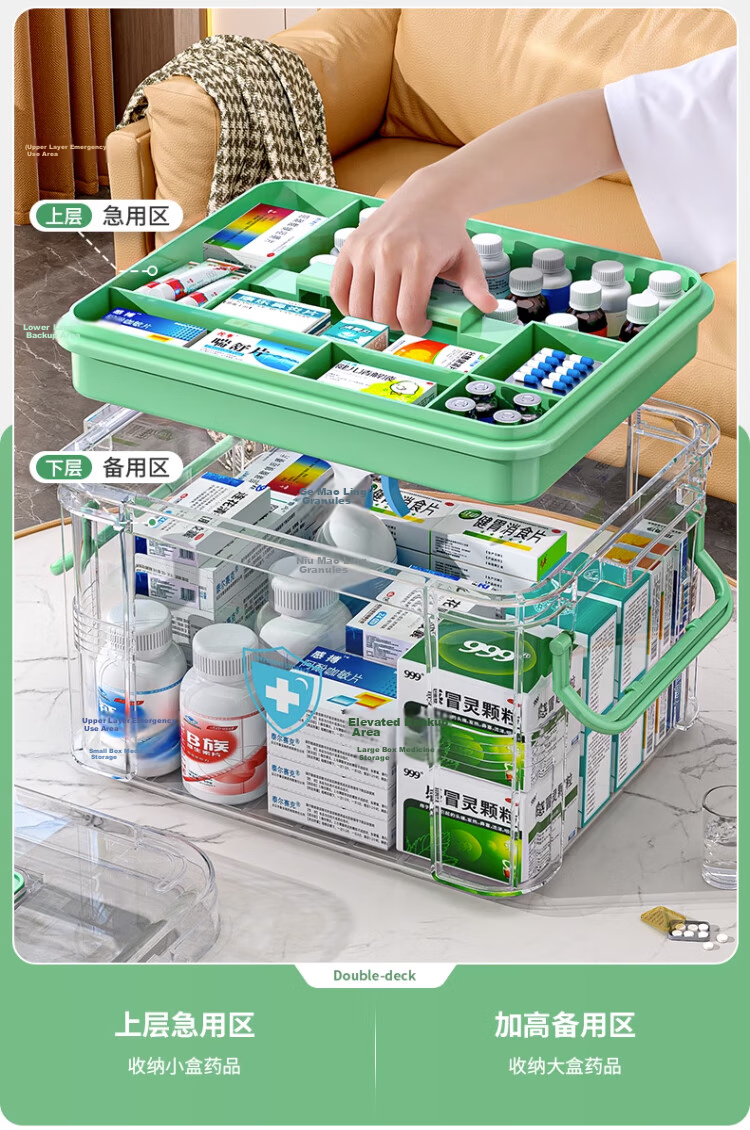 EACHY Medicine Box Household Medicine Storage Box Transparent Plastic Storage Box Green Extra Large Two Layers 3