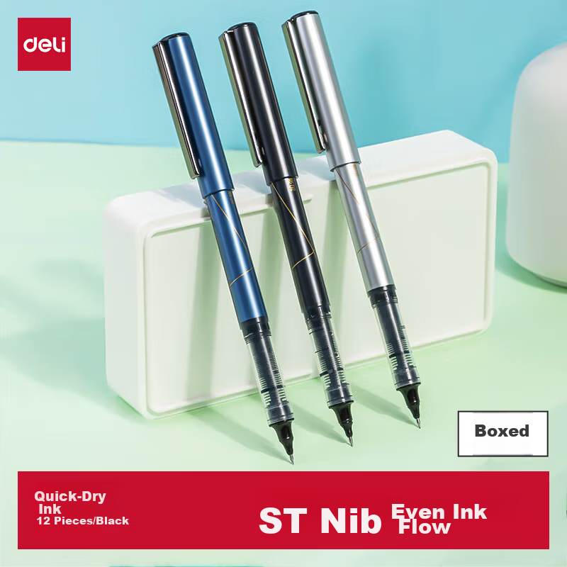 Deli Quick-Dry Liquid Gel Pen 0.5mm Black 12-Pack S1629