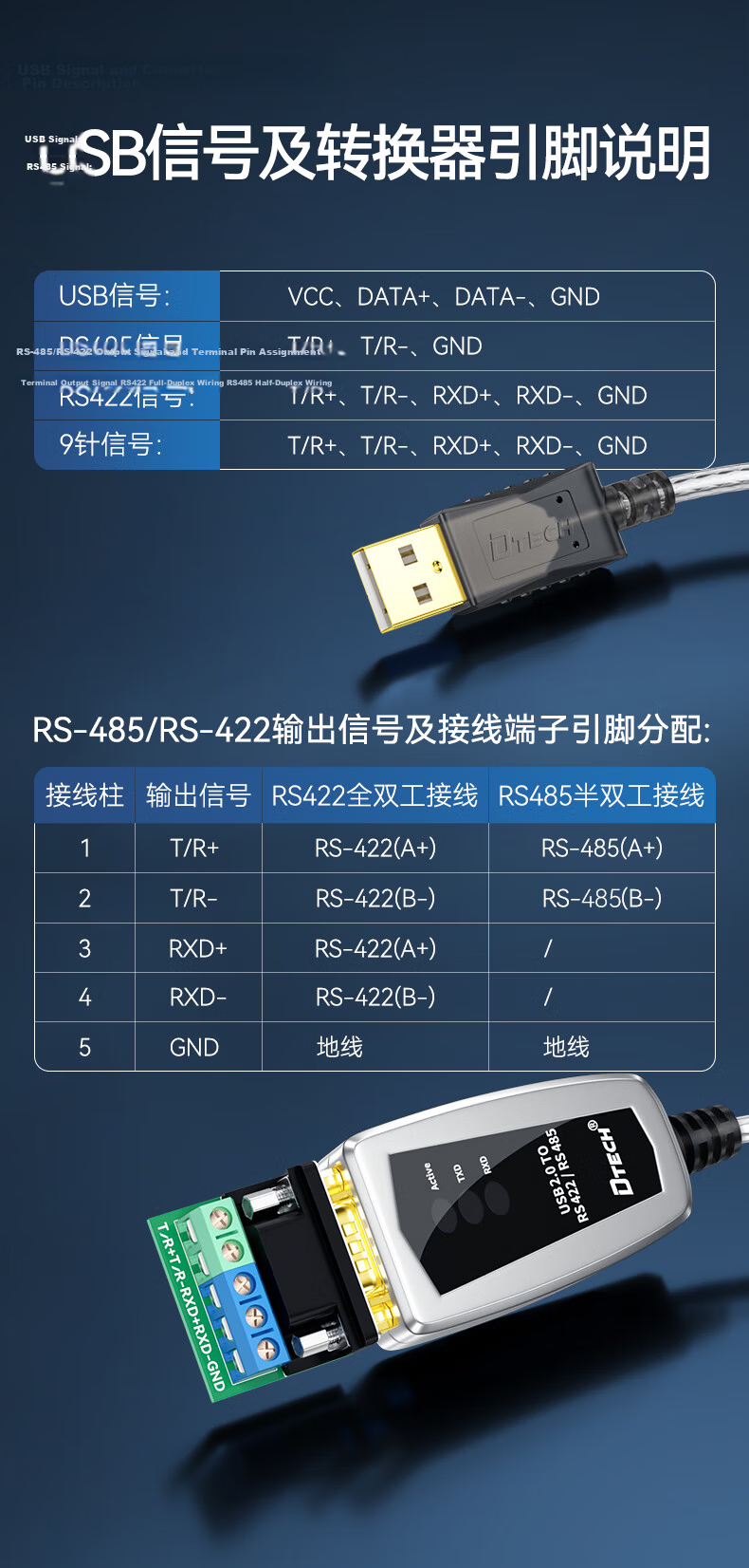 DT-5019 USB to RS485/RS422 Converter Cable 1.2m Serial COM Port Communication Adapter Module 15