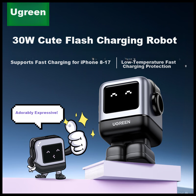 UGREEN Qpai Robot 30W GaN Charger PD 20W Fast Charging Adapter for Apple iPhone 18 Pro Max/17 Ultra/16 iPhone iPad Type-C