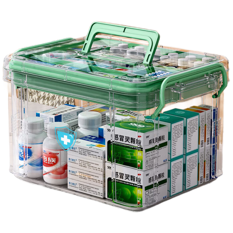 EACHY Medicine Box Household Medicine Storage Box Transparent Plastic Storage Box Green Extra Large Two Layers