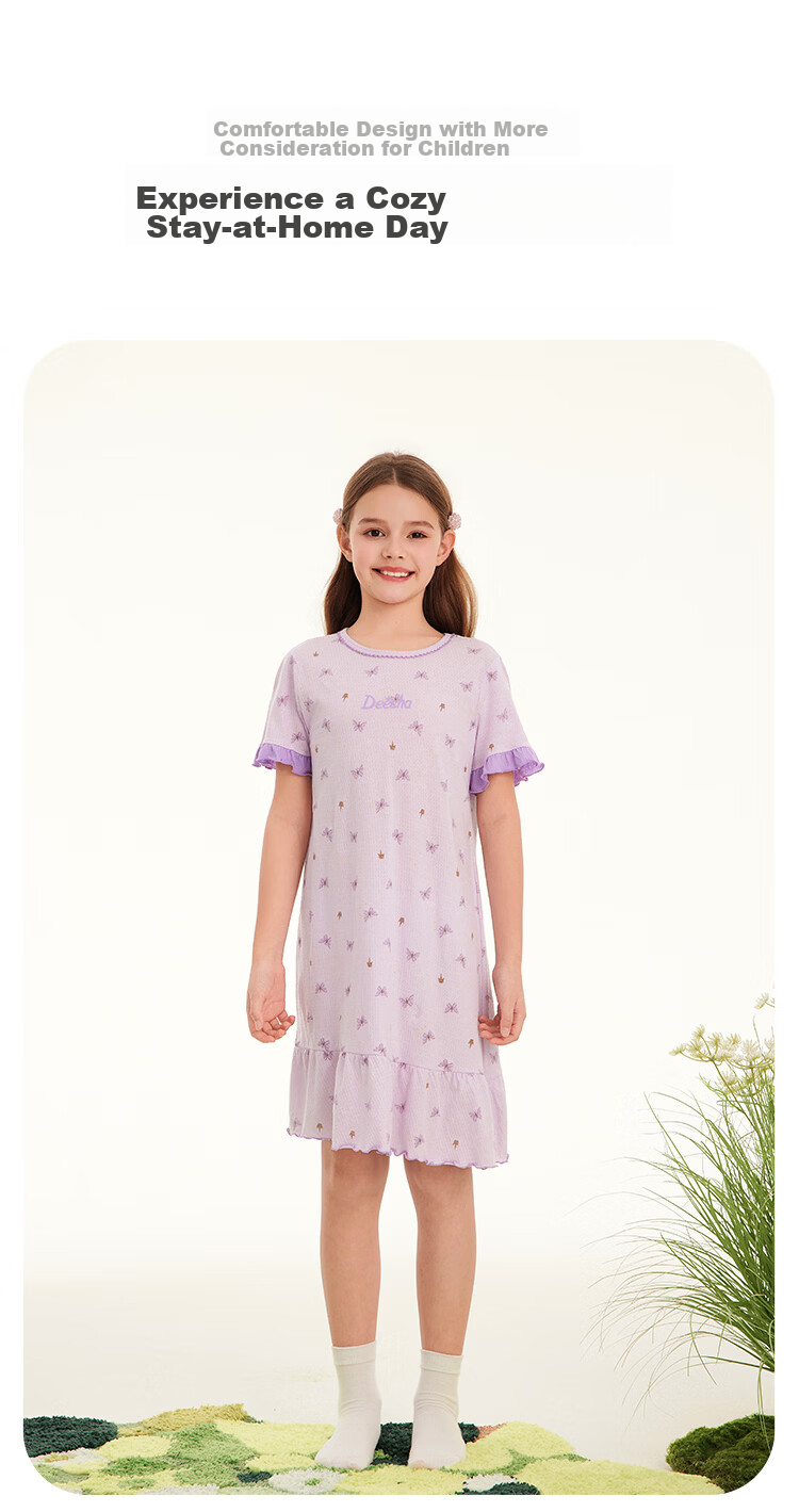 DEESHA Girls' Summer Thin Cotton Mesh Breathable Nightgown Kids Sleepwear Sweet Dream Kitten Dress 150cm 7