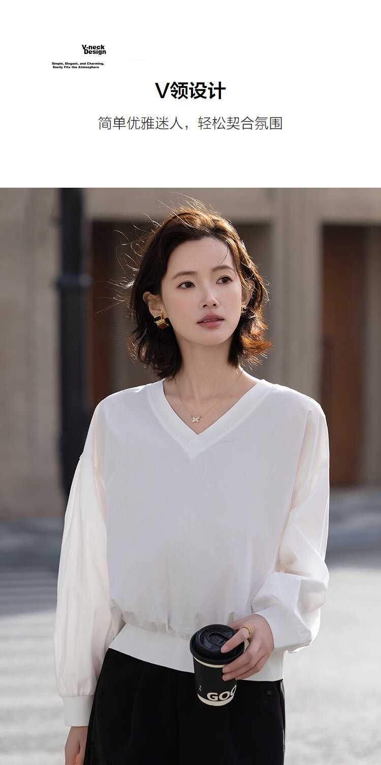 Demana Light Breath Cloud Oxygen Cotton Spring Relaxed Lazy V-Neck Ribbed Loose Slim Sweatshirt for Women Premium Feel 7