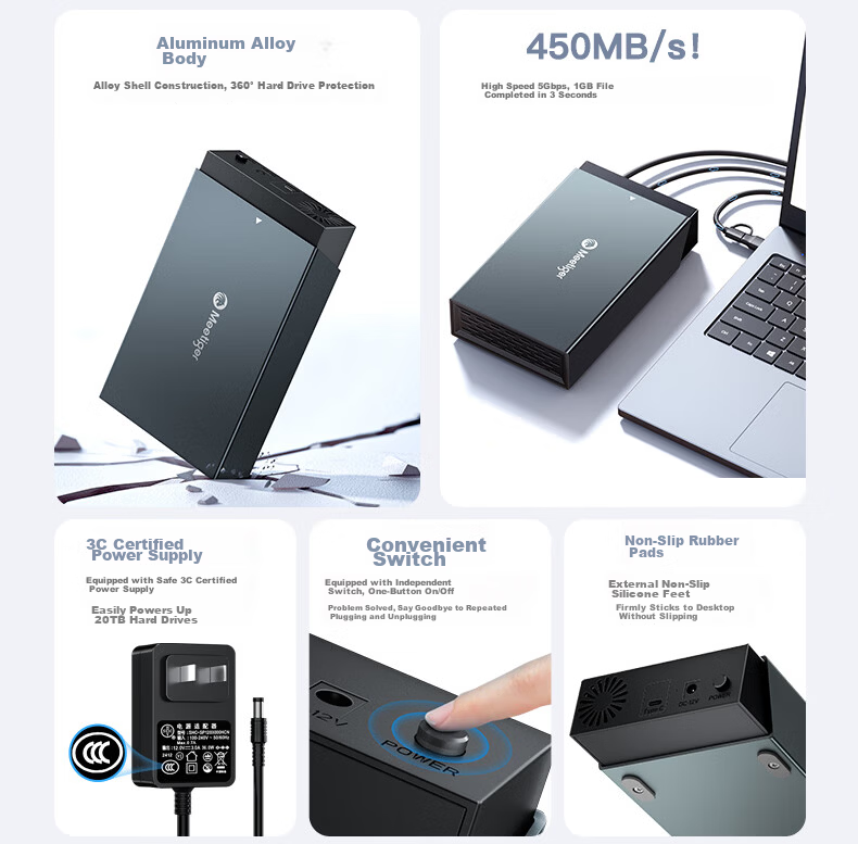 Mihu 3.5 Inch Hard Drive Enclosure USB 3.0 External Hard Drive Case with Built-in Fan SATA Mechanical Desktop Laptop External Box D3A 4