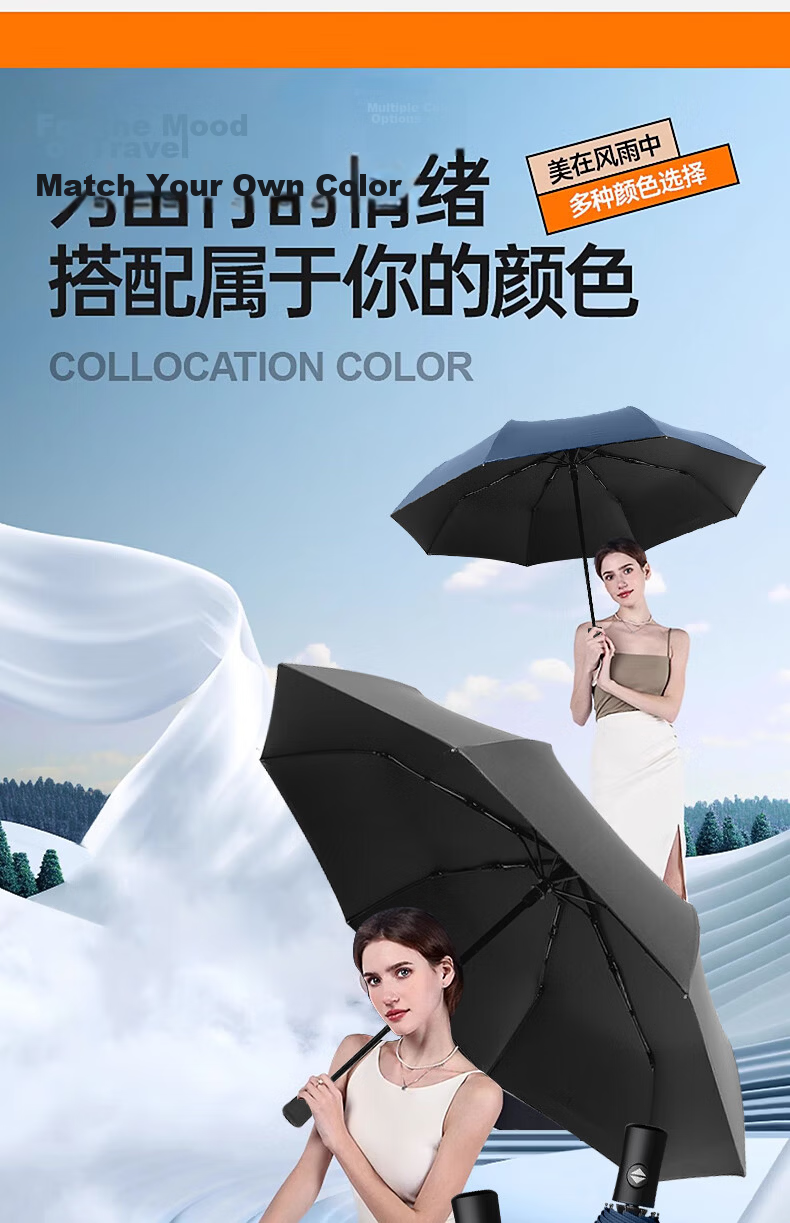 Maoli Dual-Use Automatic Umbrella, 16 Ribs, Black Rubber Coating, Impact-Resistant Fabric, Windproof Reinforced Sun Umbrella 16