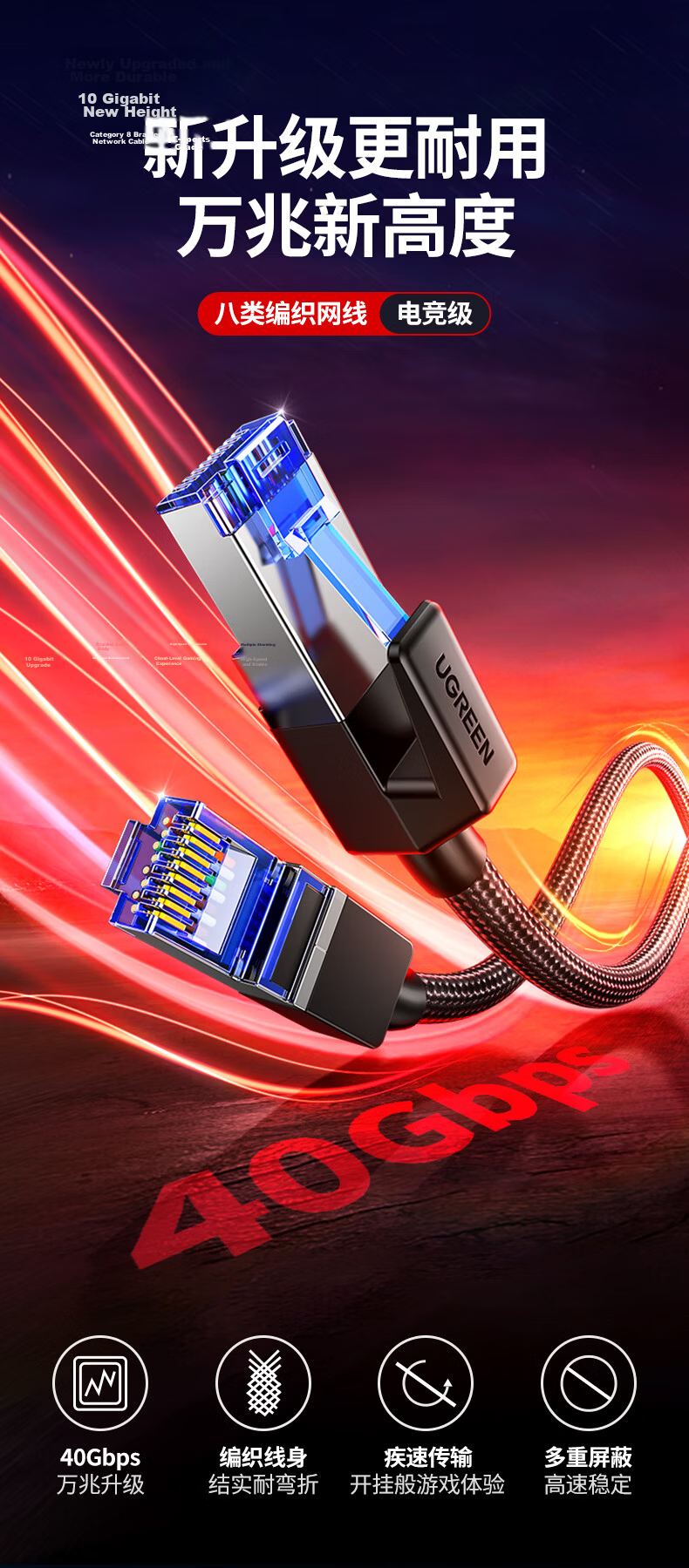 UGREEN Cat8 Pure Copper Ethernet Cable, 10 Gigabit Shielded Network Cable, Gaming E-Sports 8-Core Twisted Pair Cable, Home Computer Broadband Patch Cord 5 Meters 80433 1