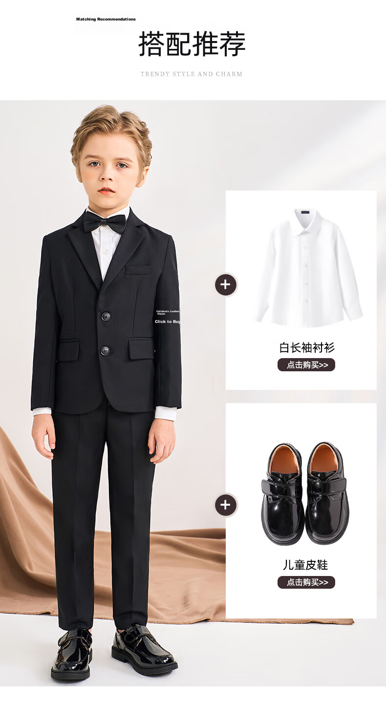 Romon Kids Suit Set Spring Autumn Boys Host Tuxedo Flower Boy Performance Outfit Black 170 11