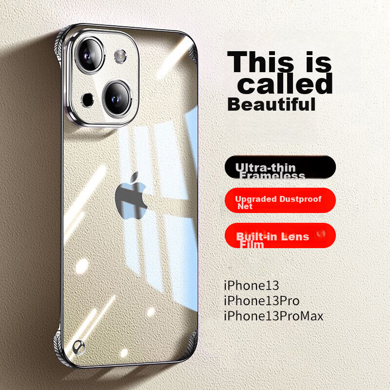 Hongzhuo [Long-lasting Non-Yellowing] Compatible with iPhone 13 Case, Electroplated Frameless Transparent Slim Heat-Dissipating Shockproof Minimalist Semi-Rigid Hard Shell, Graphite Black