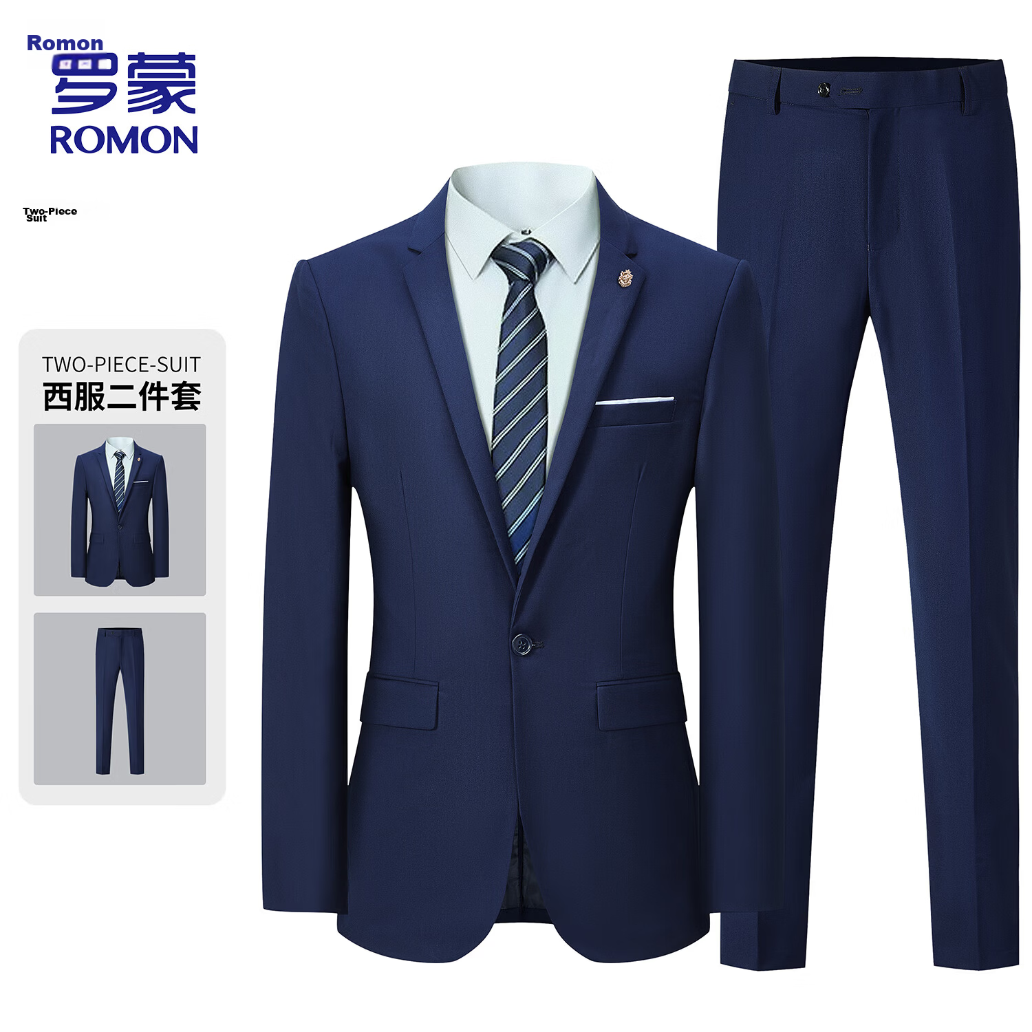ROMON Men's Business Slim Fit Suit Set Groom Best Man Wedding Formal Two-Piece Y306 Navy L