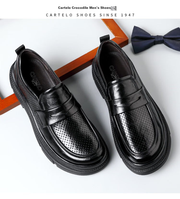 CARTELO Men's Slip-On Casual Leather Shoes with Thick Soles, Hand-Scratched Texture, Wrinkle-Resistant Design, Men's Loafers, Style 9867, Black, Size 44 20