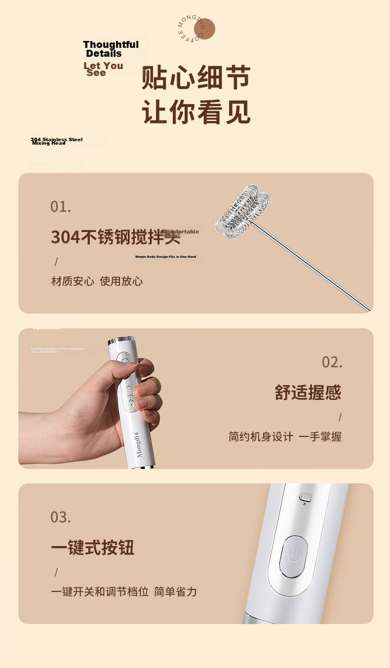 Mongdio Electric Milk Frother Whisker 400 RPM Coffee Foam Maker Milk Frothing Machine Mixer 15