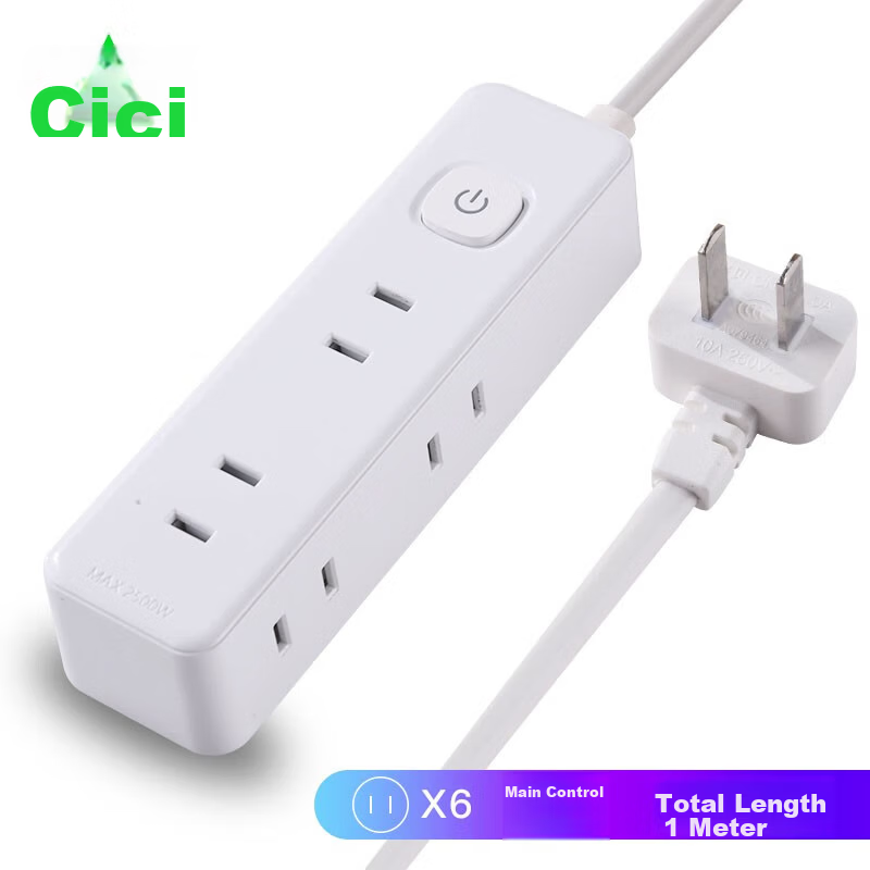 Cici Ultra-Thin Flat Head Mini Power Strip Wall-Mounted Two-Prong Adapter Mini Compact Student Dormitory Home Extension Cord [2-Prong Plug] 6 Outlets 1.8m Cable X003