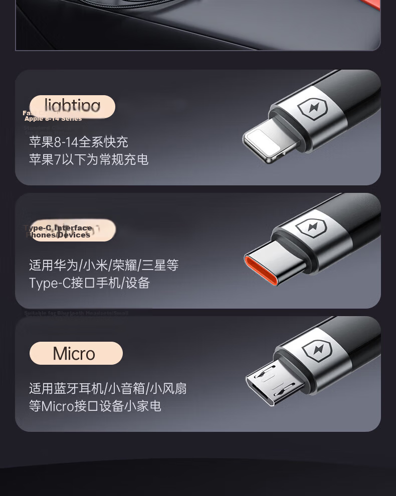 3-in-1 Fast Charging Cable Type-C to Apple Huawei Oppo Xiaomi Vivo Android Phones 1m Black 9