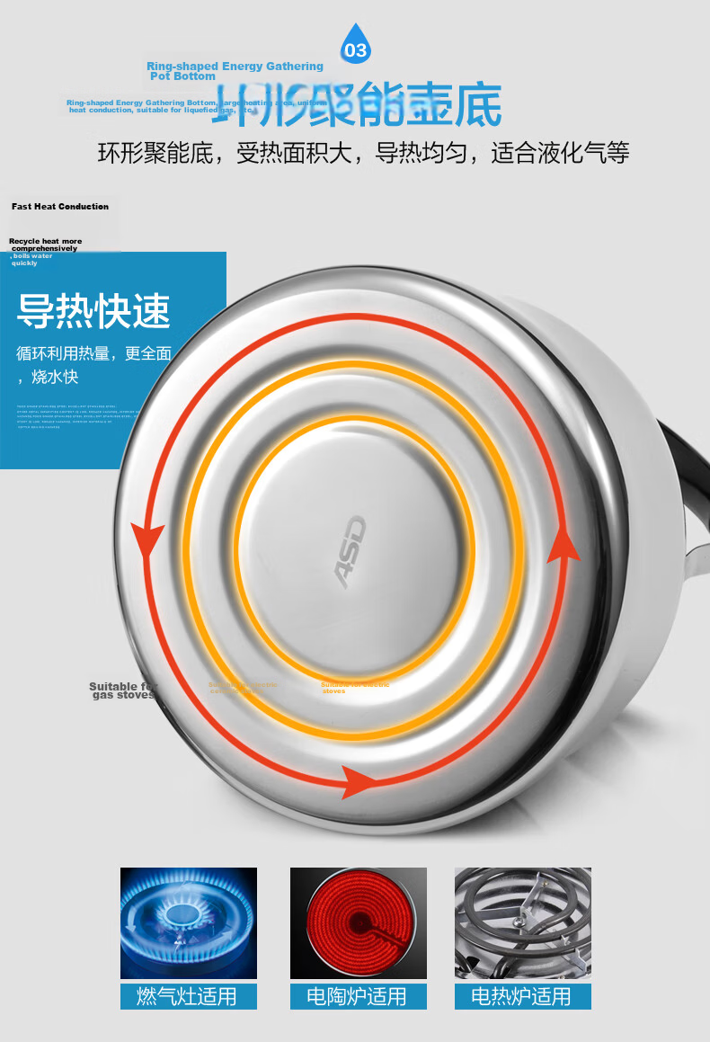 ASD Water Kettle, Thickened 304 Stainless Steel, Household Use, 3L Capacity, Whistling Sound When Filling, Suitable for Gas And Induction Cooktops, Heats Up, HS03T2WG 8