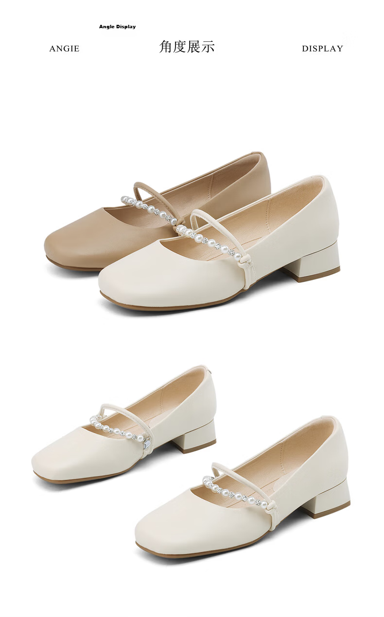 Daphne Women's French Style Leather Mary Jane Low Block Heel Shoes Beige 38 14
