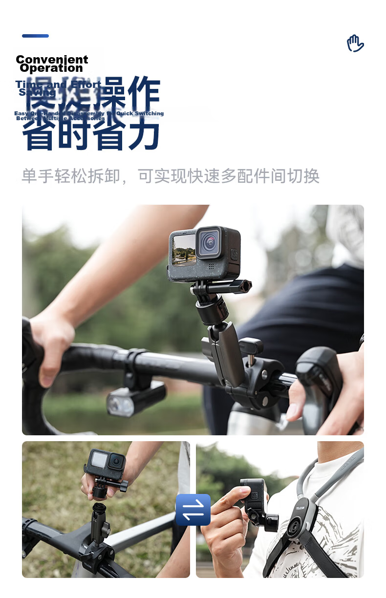 TELESIN Compatible with DJI Action 4, 5 Pro, 6 Handlebar Clamp, Osmo360 Motorcycle Mount, Ace Pro2 Bicycle Bracket, GoPro Action Camera Accessories 5