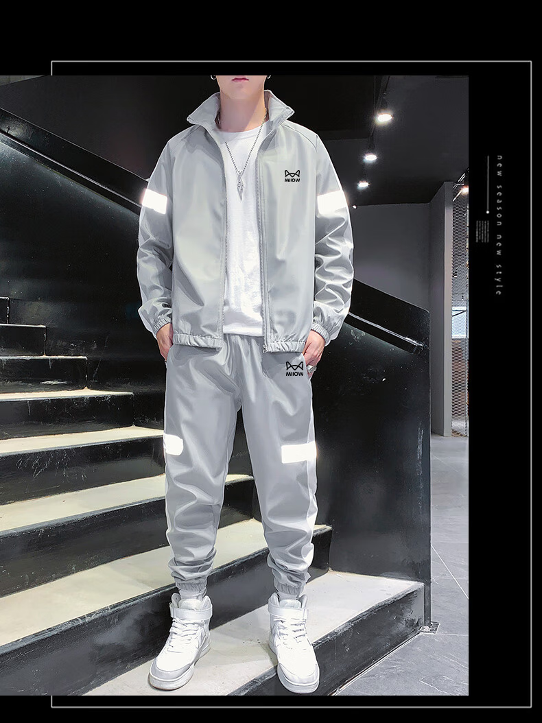 Miiow Men's Long Sleeve Set Spring Autumn Stylish Versatile Sports Stand Collar Jacket and Pants Two-Piece Set Gray 3XL 7