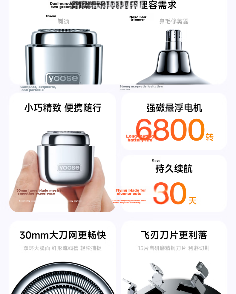 Yoose Electric Shaver And Nose Hair Trimmer, Portable Two-In Razor for Men, Birthday Gift for Boyfriend Or Husband, Xiaomofang D1-T Klein Blue 5