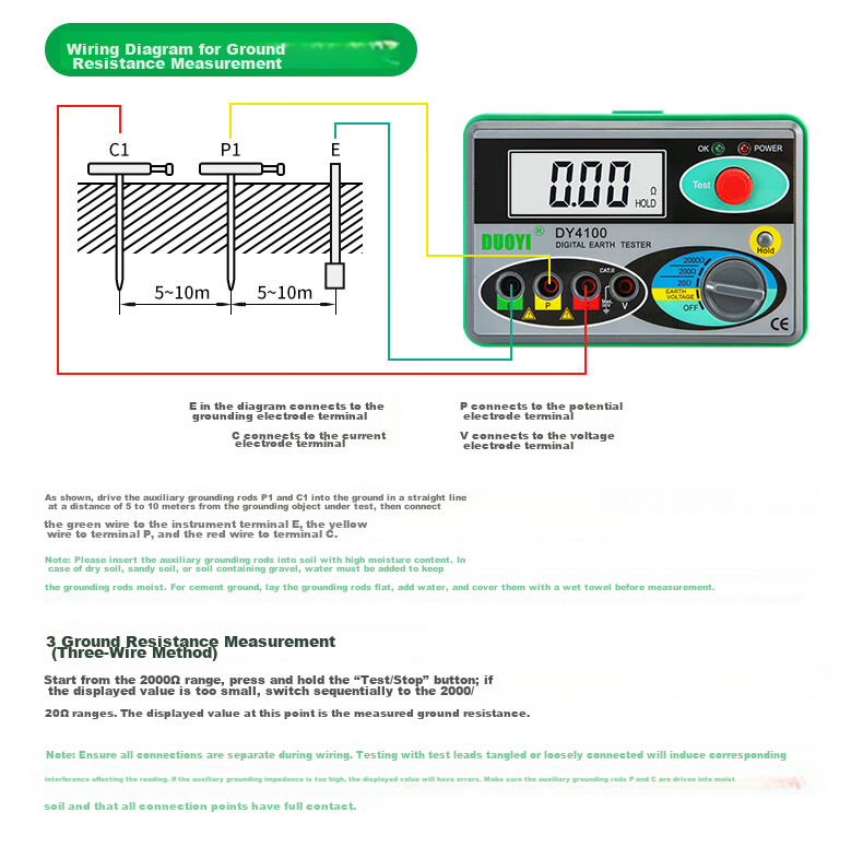 Duoyi Ground Resistance Tester Digital Earth Resistance Meter Lightning Protection Ground Resistance Tester DY4100 10