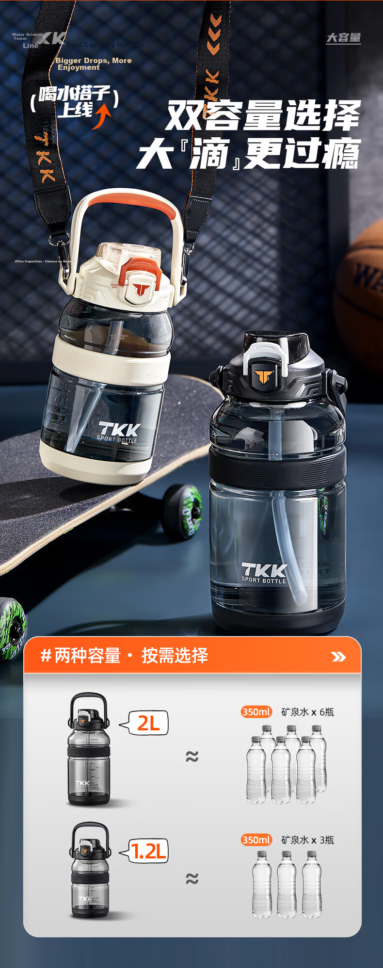 TKK Sports Water Bottle Large Capacity Tritan High Temperature Resistant Kids Student School Military Training Cup 5