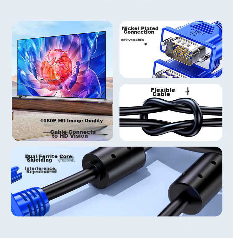 BIAZE VGA Cable with Free Shipping - 1.5m Dual Ferrite Core Blue Head 3+6 Core High-Definition Video Cable for Computer TV Projector Monitor Connection 3