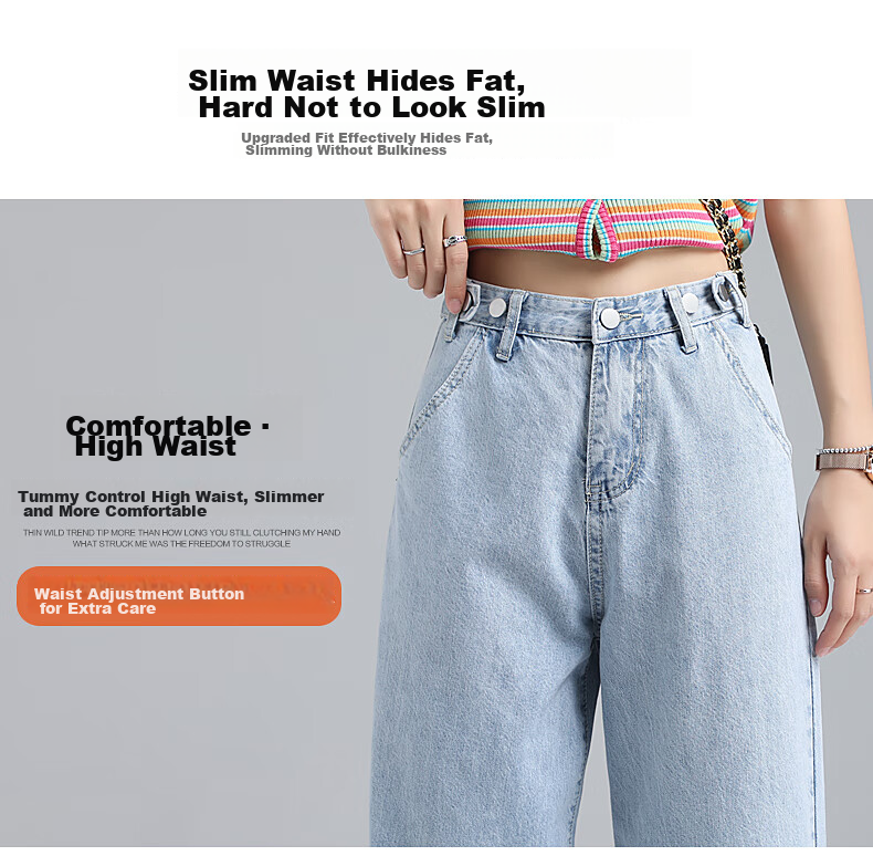 Jeanswest Women's Summer Thin High-Waist Wide-Leg Slim Straight-Leg Light Blue Jeans M 10