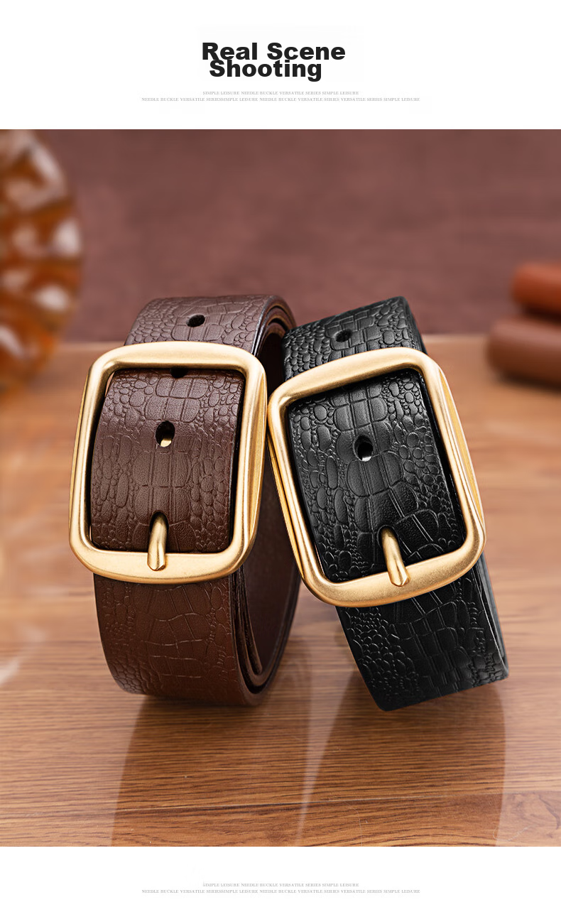 Cattlesboss Men's Belt, Alligator Pattern, Top-Grain Leather, Pin Buckle with Copper Clasp, 1986 Gift for Dad, Dark Brown, 110cm 14
