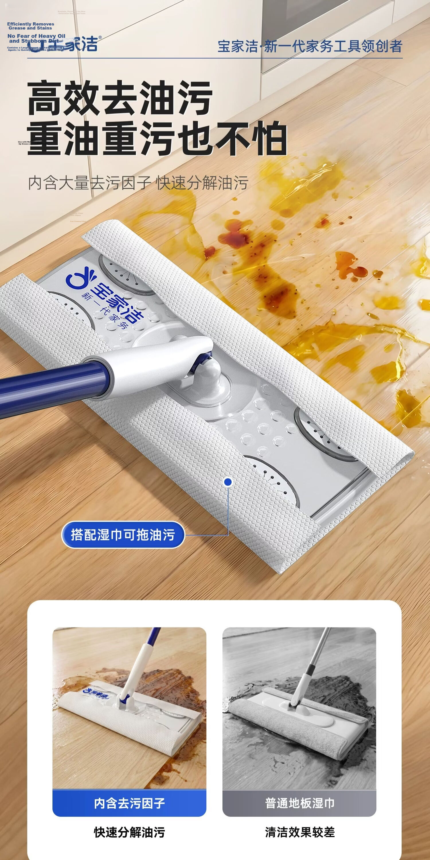 Baojiajie Dust Removal Flat Mop 25cm with 175 Dust Removal Sheets, 124cm Rod Length N2 Electrostatic Dust Removal 15