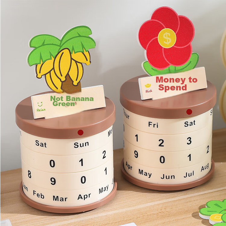 Touch Fish Potted Perpetual Calendar Rotatable Adjustable Creative Calendar Relaxing Anxiety-Free Office Desk Calendar Desktop Ornament DIY Birthday Gift with Pine Decoration 8