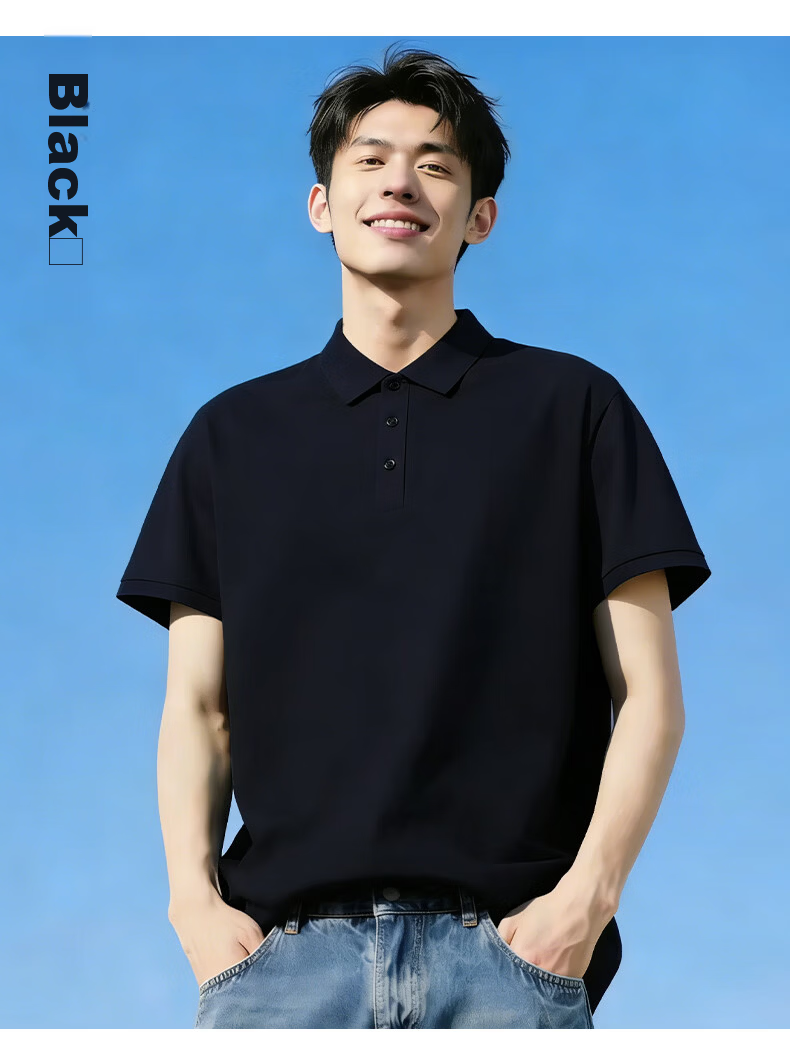 Jeanswest Men's Short Sleeve Polo Shirt 2026 Summer New Imitation Cotton Solid Color Loose Casual T-Shirt Base Shirt Black XL 9