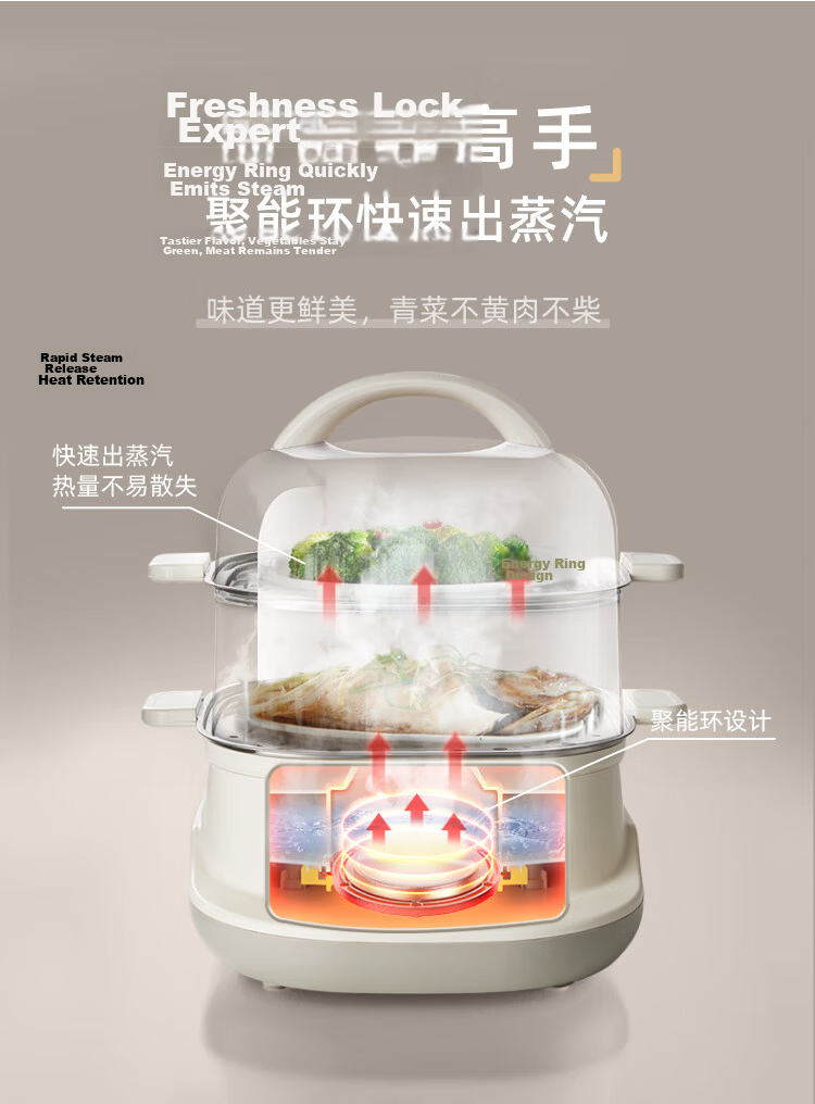 Bear Electric Steamer 24L Removable External Water Tank Three-Layer Household Large Capacity 3-4 People Stainless Steel Steaming Tray 0 Coating Multifunctional Steamer DZG-VB4S2 11