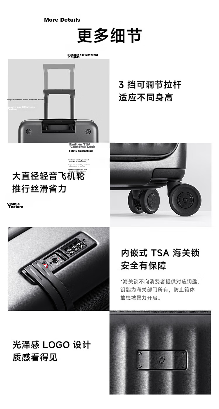 Mijia Xiaomi 20-inch Luggage Suitcase with Telescopic Handle, Unisex Business Travel Case, Front Opening, Combination Lock, Dark Gray Silver 4