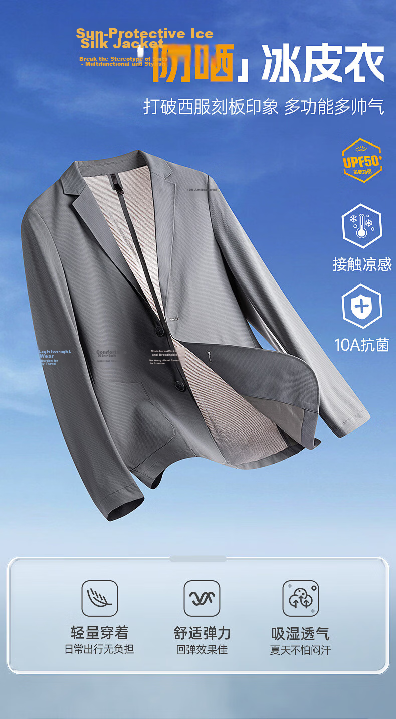 ROMON Ice Silk Sun Protection Men's Waffle Pattern Summer Business Youth High-End Single-Breasted Cooling Suit Jacket JD Self-Operated 1
