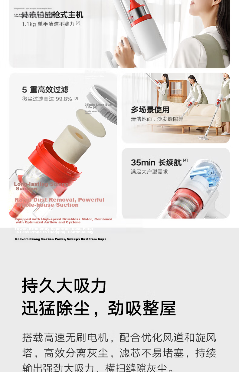 Mijia Wireless Vacuum Cleaner 2 Lite Household Car Upgrade Cyclone Airflow Lightweight Effort-Saving 2-in-1 Long-Lasting Powerful Suction 4