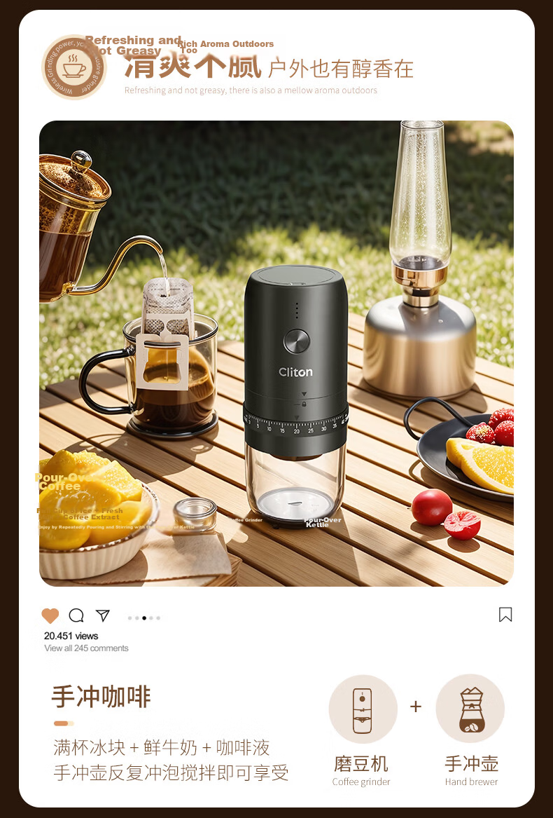 CLITON Electric Coffee Grinder Adjustable Portable Manual Coffee Bean Grinder Automatic Powder Mill 25