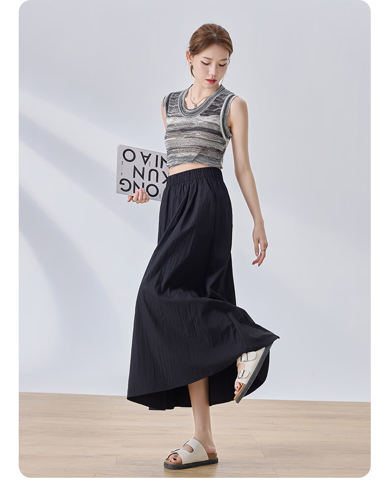 LangSha Women's Midi Skirt, High-Waisted A-Line Summer Dress, Loose Comfortable Breathable Textured Versatile Skirt 19
