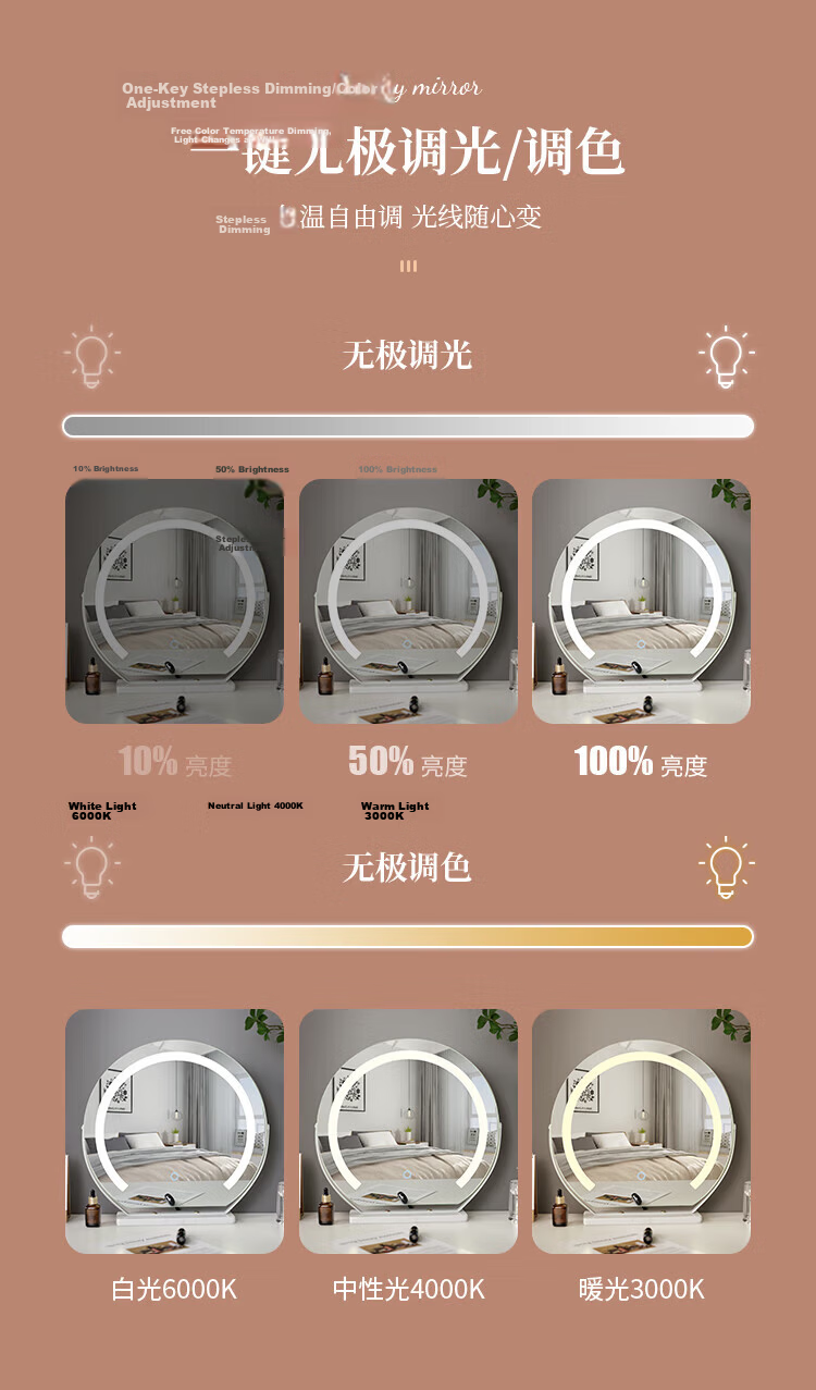 Fan Ye LED Makeup Mirror Desktop Dressing Table Mirror with Light Rotatable Smart Fill Light Large Mirror Birthday Gift Teacher's Day Present for Teacher 5