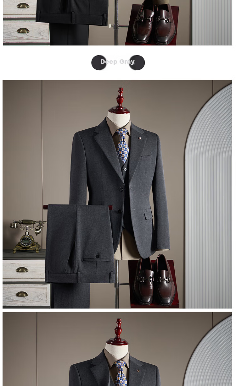 ROMON Men's Business Suit Set [Blazer + Vest + Trousers] Dark Gray 2XL 18