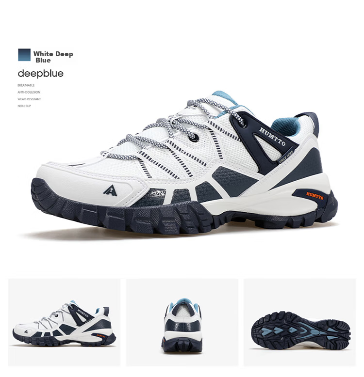 HUMTTO Mesh Hiking Shoes, All-Season Comfortable Breathable Trekking Shoes, Urban Outdoor Casual Men's Shoes, White Deep Blue, Size 44 11
