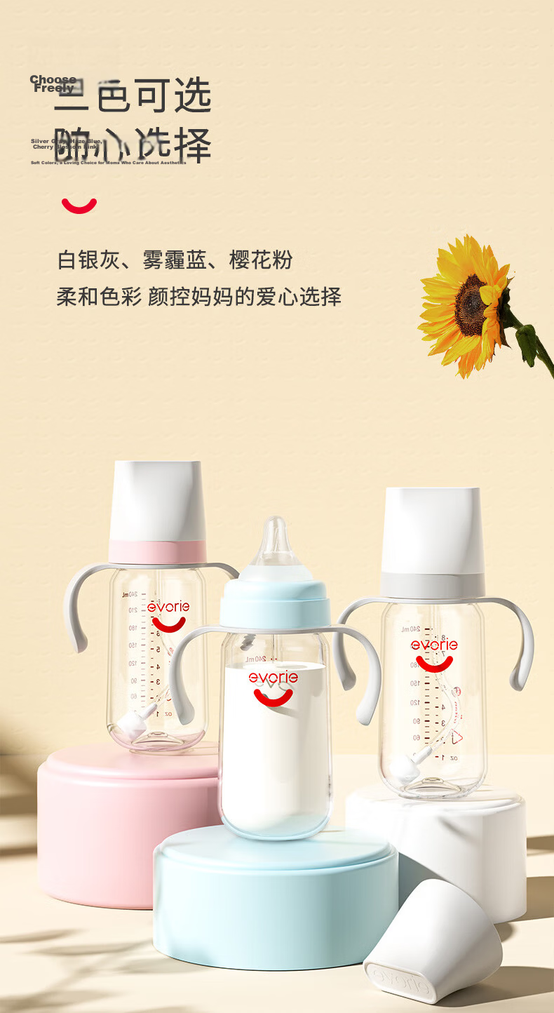 Evorie Baby Bottle Set, Wide-Neck Bottles for Babies over 6 Months Old, One Bottle with Three Functions, 300ml, Blue 15