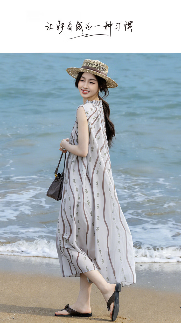 Demana [Two-Piece Set] Summer Lady Style Round Neck Lace Collar Sleeveless Chiffon Printed Slim Dress for Women 1