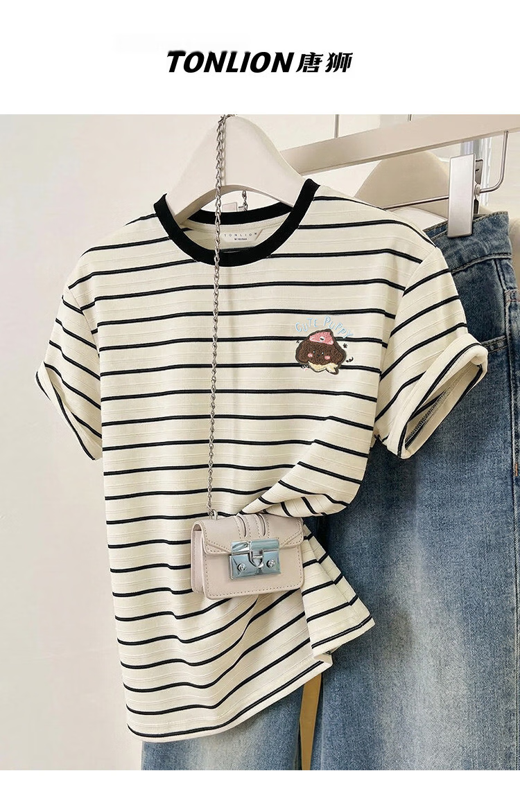 TonLion 2026 Summer New Women's Short Sleeve T-Shirt Casual High-End Summer Striped Loose Top 10