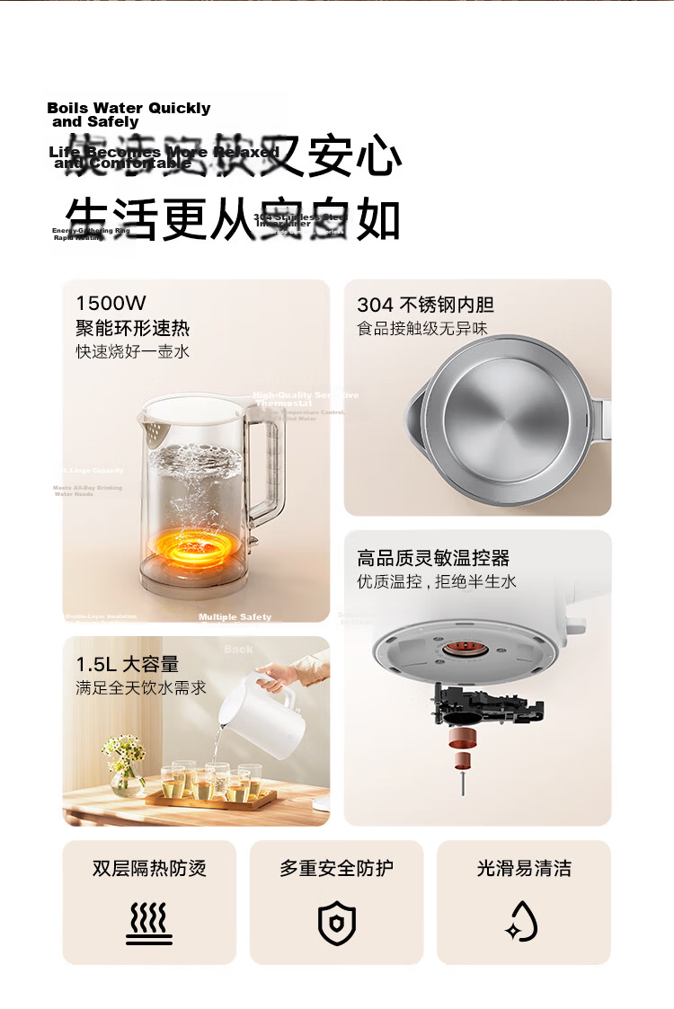 Mijia Xiaomi Constant Temperature Electric Kettle, 2-Liter Capacity, Automatic Water Boiler, Food-Grade 304 Stainless Steel, Auto Shut-Off, 1.5 Liter 4