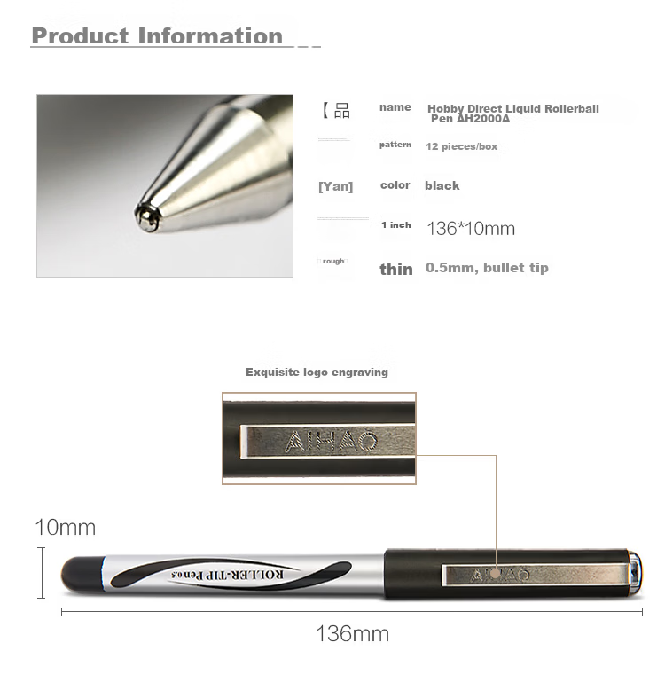 AIHAO Signature Pen, 0.5mm Black, Direct Liquid Rollerball Pen, Bullet Tip, Office Use, Water-Based Ink, Large Capacity Direct Liquid Pen, AH2000 3