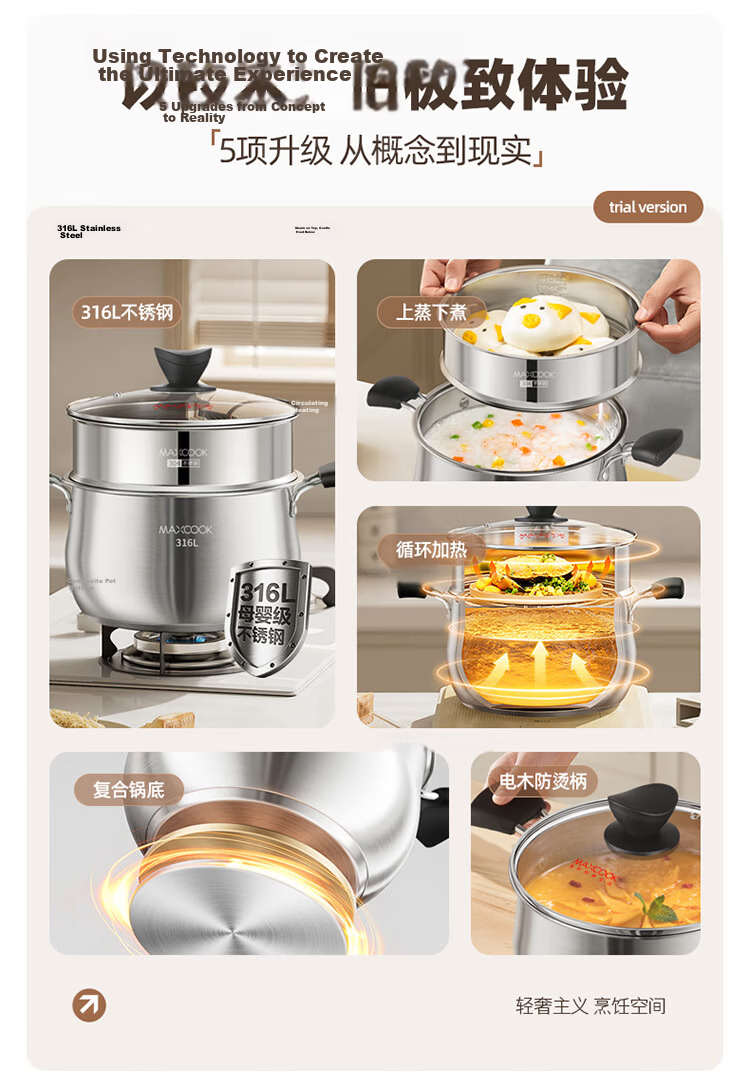 MAXCOOK 22cm 316L Stainless Steel Double-Layer Soup Pot Steamer MCT0722 3